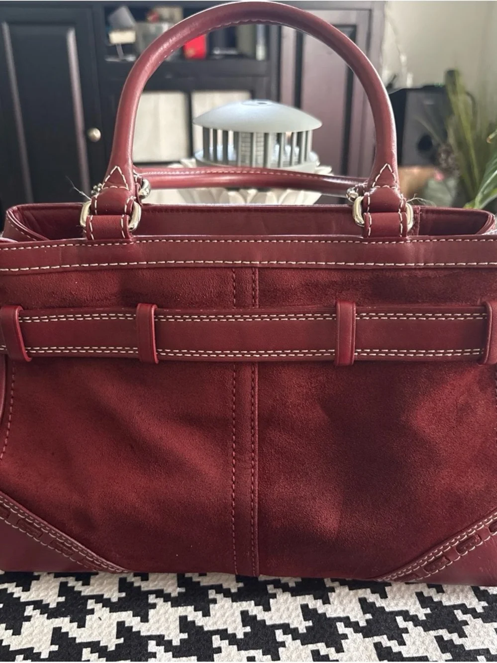 Coach Red Suede & Leather Satchel with Silver Hardware